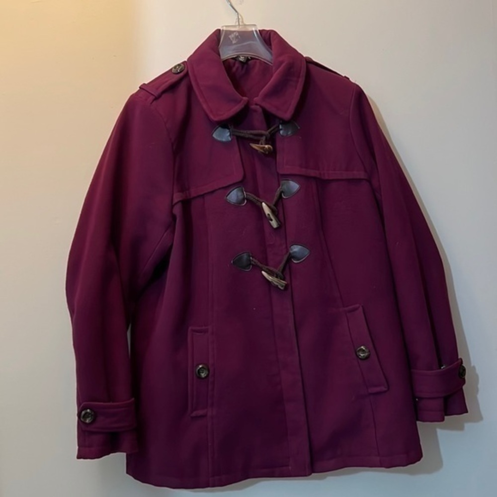 Woman’s purple winter jacket, zipper and button style size 1X